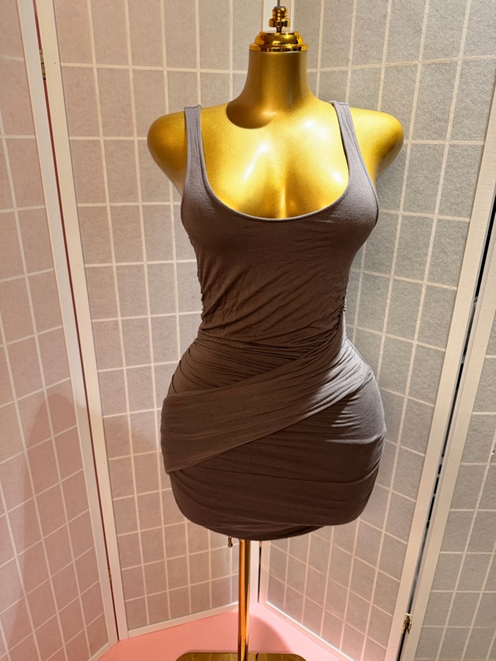 Velvet Gray Ruched Mini Tank Dress